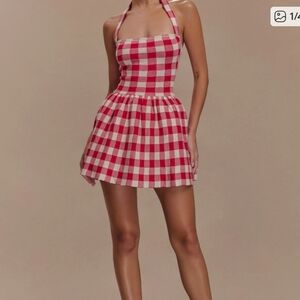 Meshki Lindsay Halter Knit Mini Dress - Red Gingham